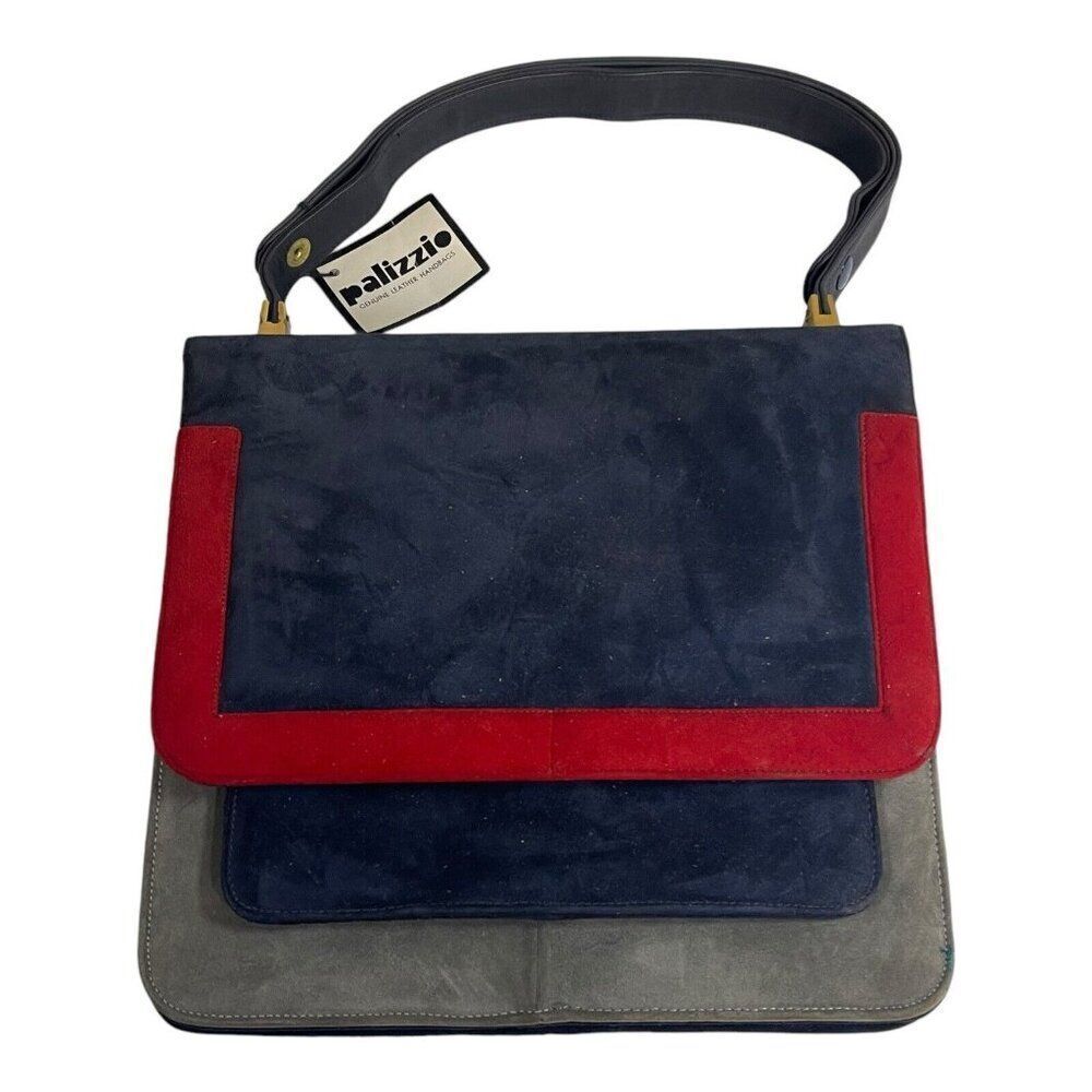 Nautical Palizzio Navy Blue, Red, & Gray Suede Leather Handle Handbag NWT 10x9